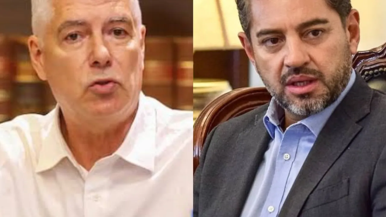 Arnoldo Wiens con camisa blanca y Pedro Alliana de traje y camisa celeste en un montaje dividido.