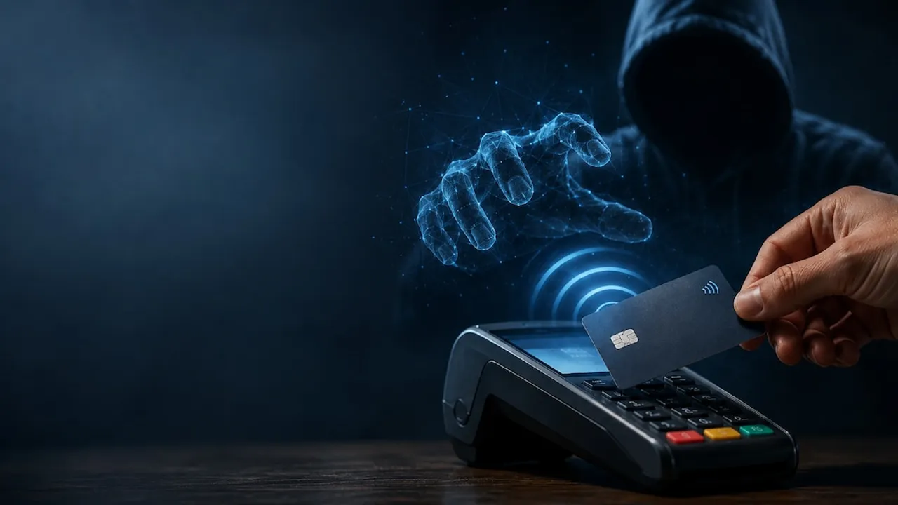 Mano acercando una tarjeta con chip a un datáfono frente a una figura encapuchada que proyecta una garra digital.