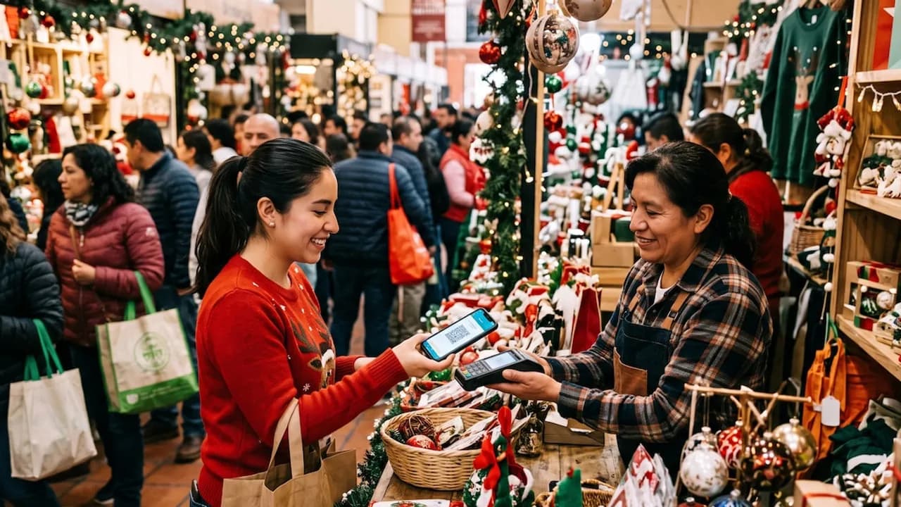 Una mujer paga con su teléfono celular mediante un lector electrónico en un concurrido puesto navideño.