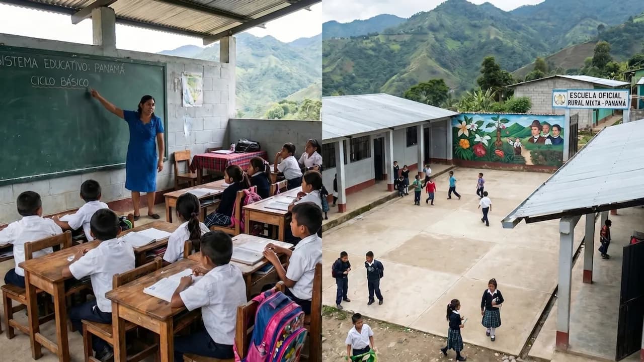 Docente explicando frente a la pizarra a estudiantes en una escuela rural de montaña con patio de cemento