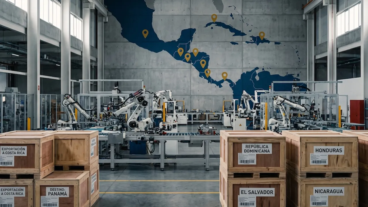 Línea de ensamblaje con brazos robóticos industriales y cajas de madera frente a un mapa de Centroamérica