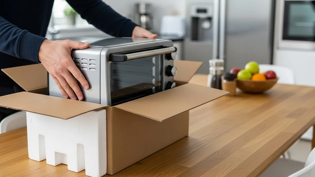 Persona sacando un horno eléctrico plateado de una caja de cartón sobre una mesa de madera.