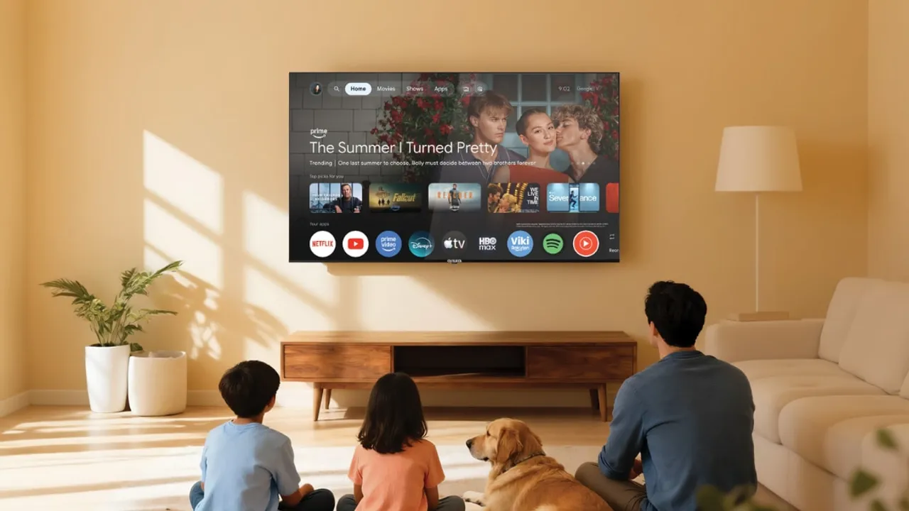 Familia sentada en la sala frente a un televisor inteligente encendido junto a su perro.