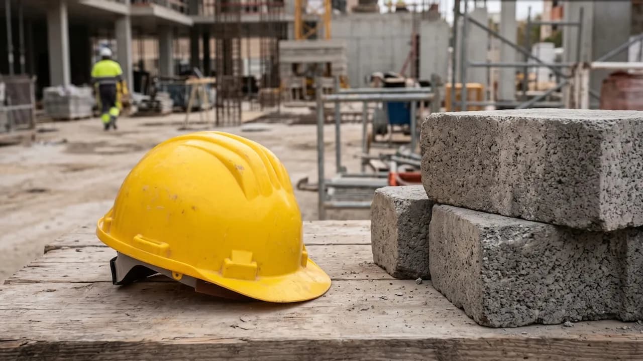 Casco de seguridad amarillo y bloques de hormigón colocados sobre tablas de madera en una zona de obras.