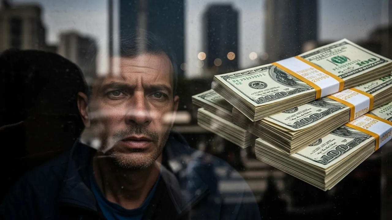Hombre con mirada pensativa tras un cristal junto a varios fajos apilados de billetes de cien dólares.