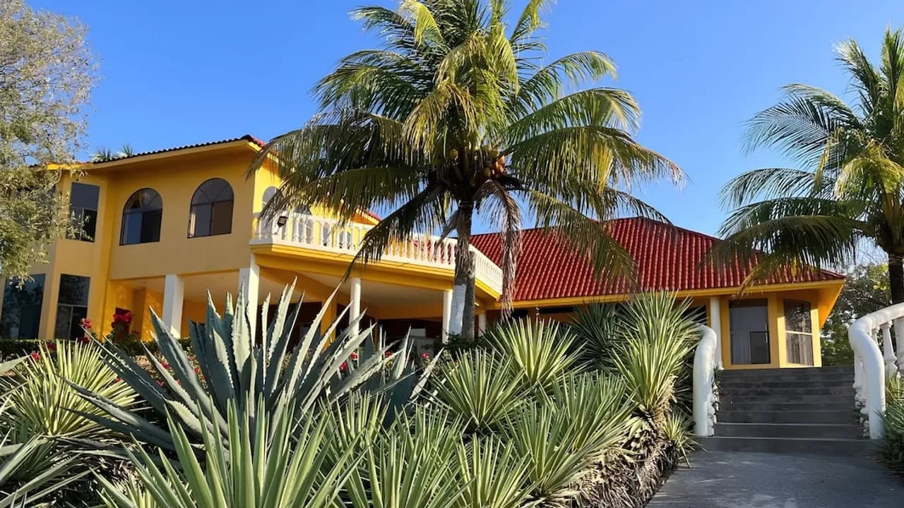 Vivienda de dos plantas de color amarillo con techo de tejas rojas rodeada de palmeras y plantas de agave.