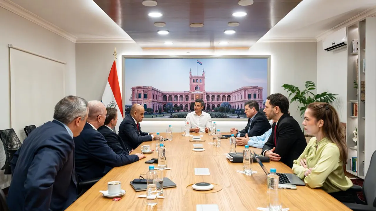 Reunión de autoridades gubernamentales en una mesa de directorio con una pintura del Palacio de López al fondo.