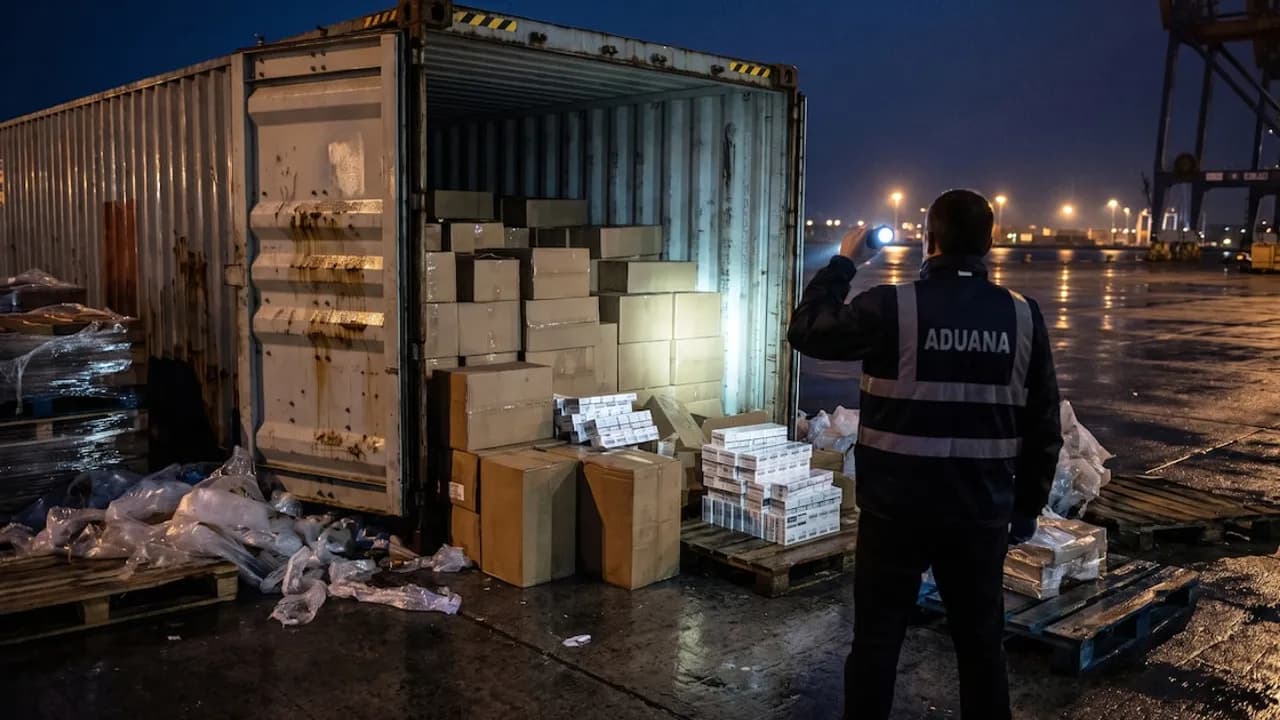 Agente aduanero de espaldas inspecciona con una linterna cajas almacenadas dentro de un contenedor en un puerto
