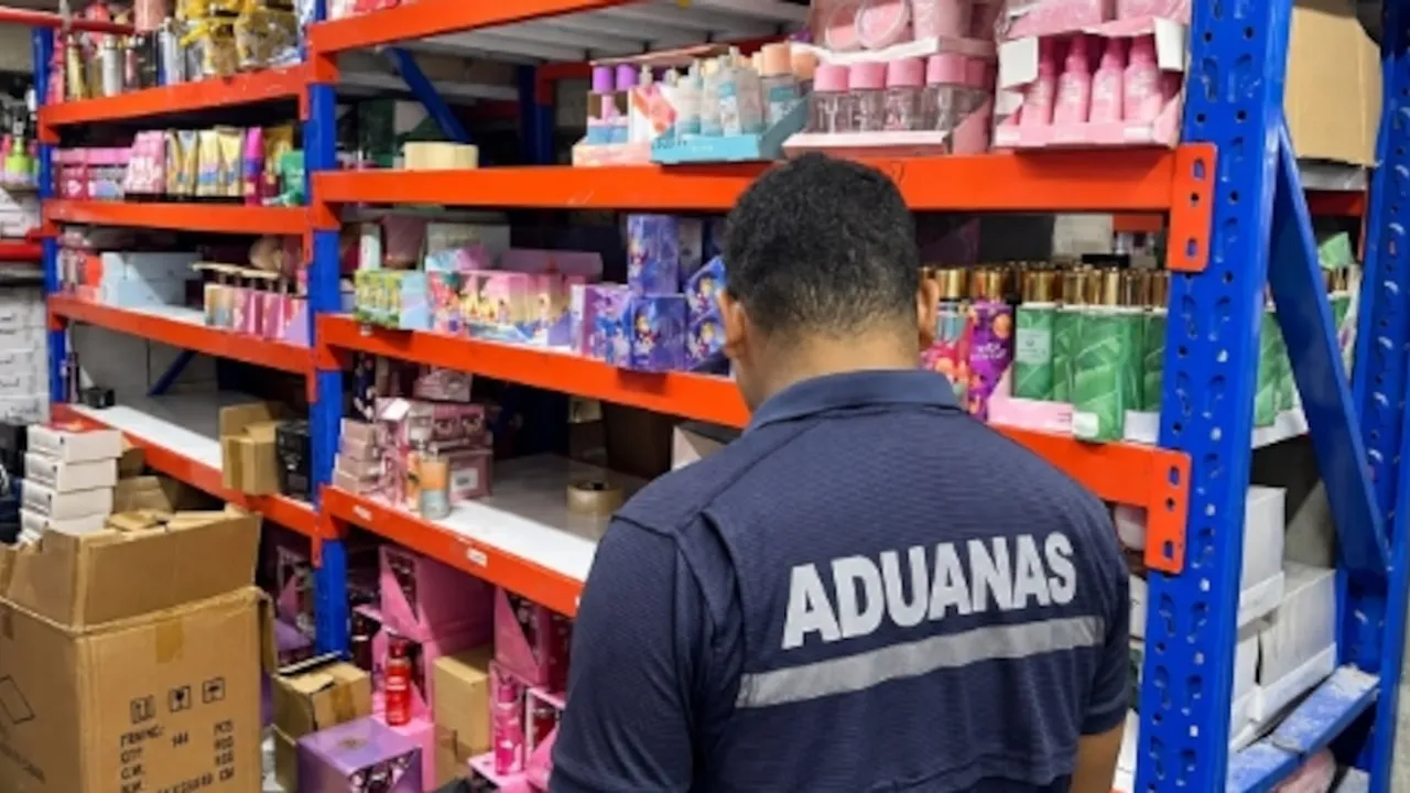 Funcionario de aduanas de espaldas inspecciona estantes con mercadería variada dentro de un depósito.