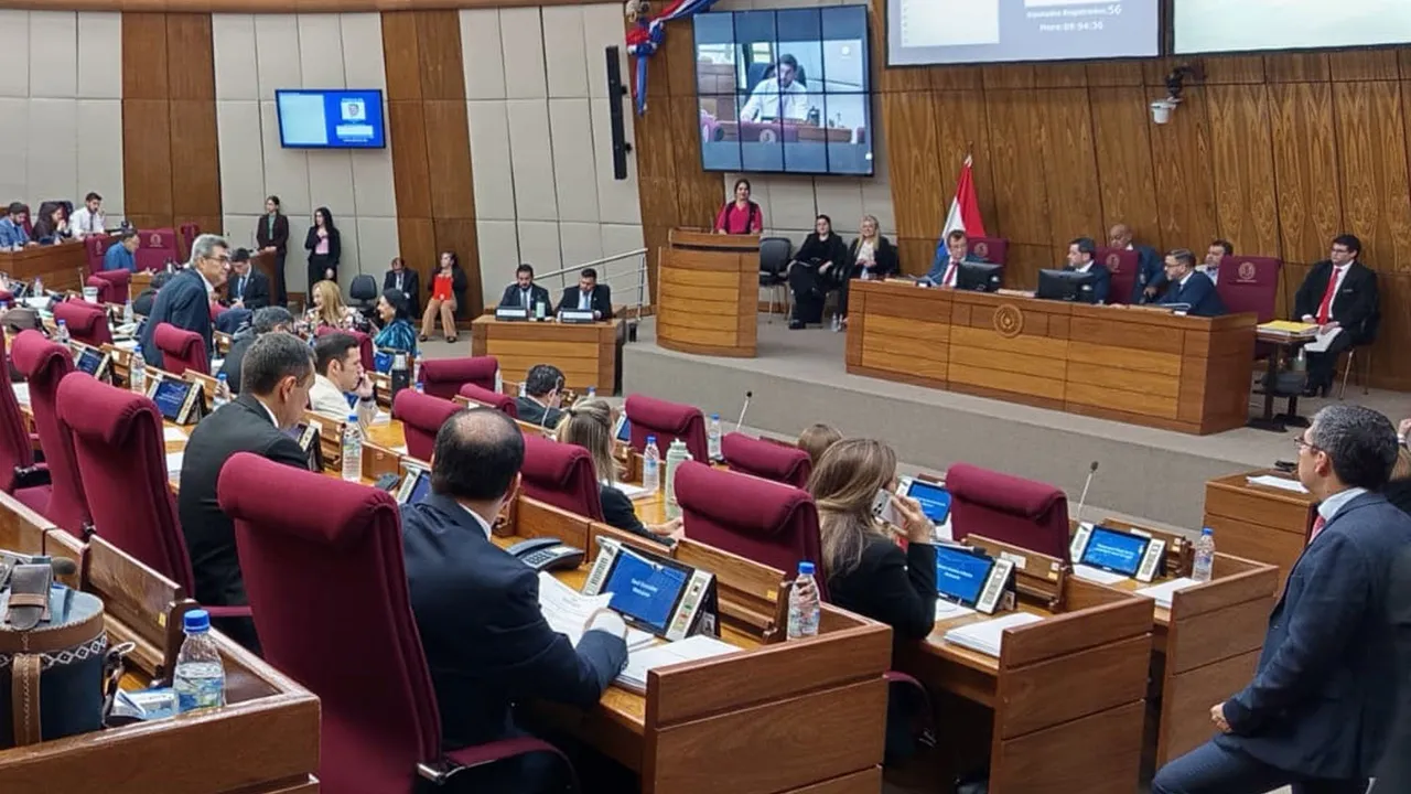 Legisladores paraguayos reunidos en sus bancas durante una sesión ordinaria en la sala de la Cámara de Diputados.