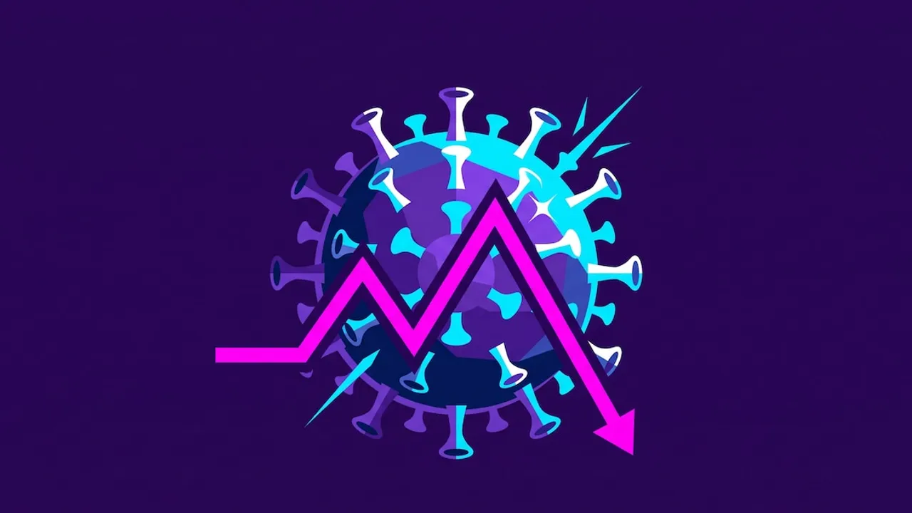 Ilustración digital de una partícula de coronavirus con un gráfico de líneas y flecha descendente sobre fondo violeta.