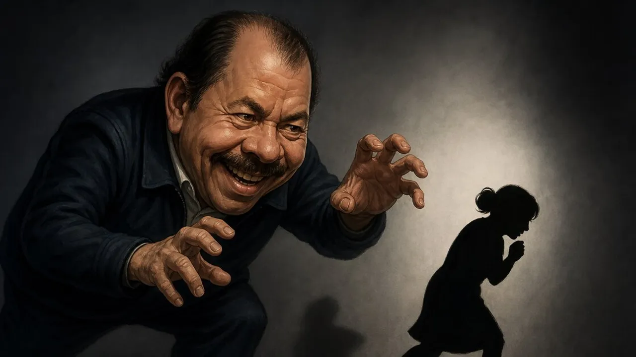 Ilustración de Daniel Ortega sonriendo con las manos hacia adelante frente a la silueta de una niña.