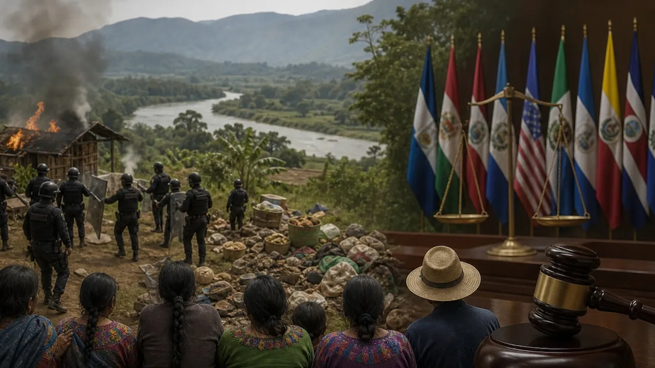 Balanza de la justicia y banderas oficiales frente a familias indígenas observando un desalojo forzado con humo al fondo