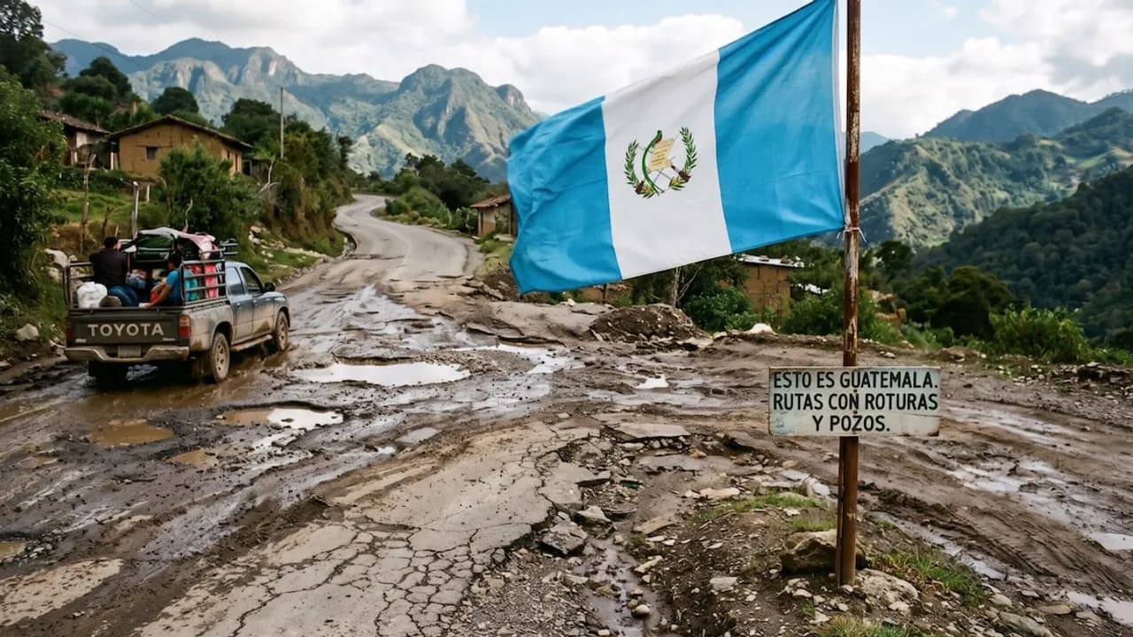 Bandera de Guatemala flameando junto a un camino de tierra lleno de barro y pozos con un cartel informativo.