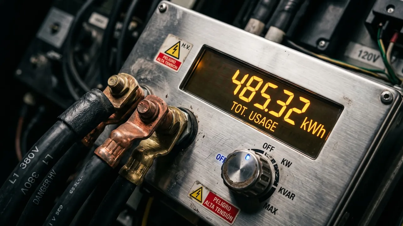 Panel eléctrico metálico con pantalla digital que marca 485.32 kilovatios hora y cables de alta tensión.