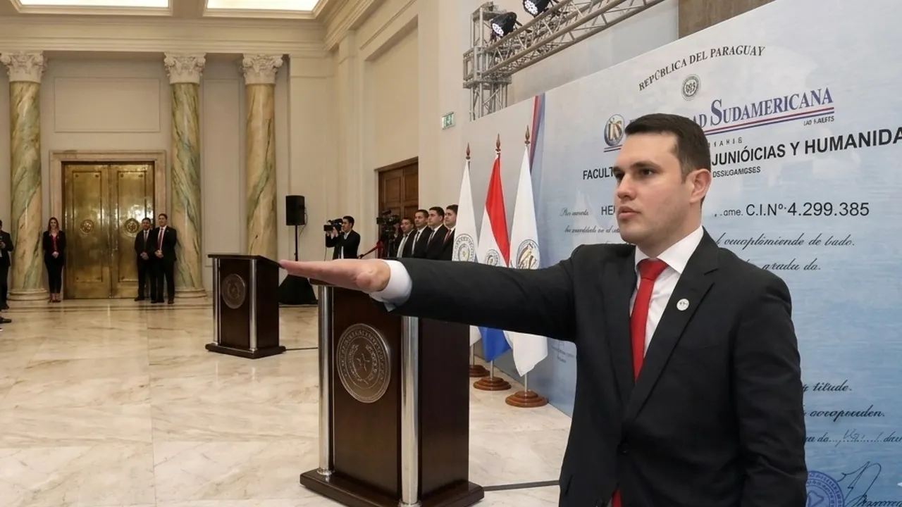 Hernán Rivas presta juramento con el brazo extendido en un acto institucional frente a una bandera paraguaya.