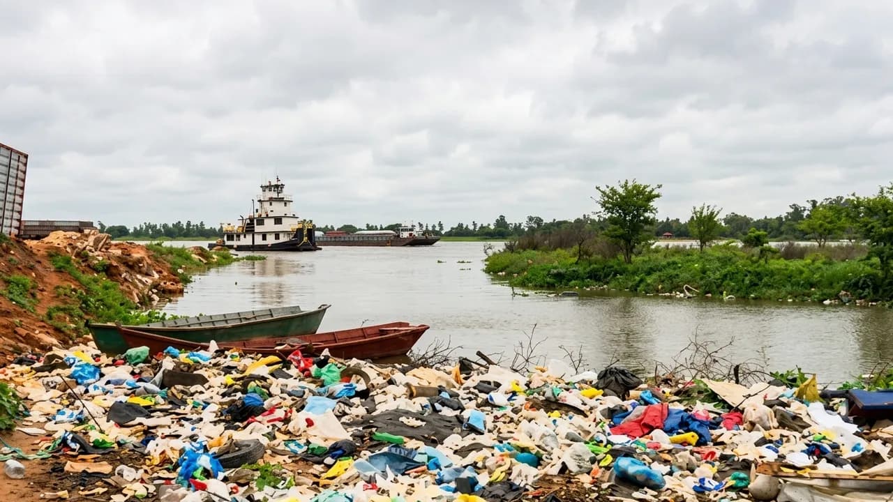 Basura acumulada en la orilla del río Paraguay frente a botes de madera y una embarcación a motor.