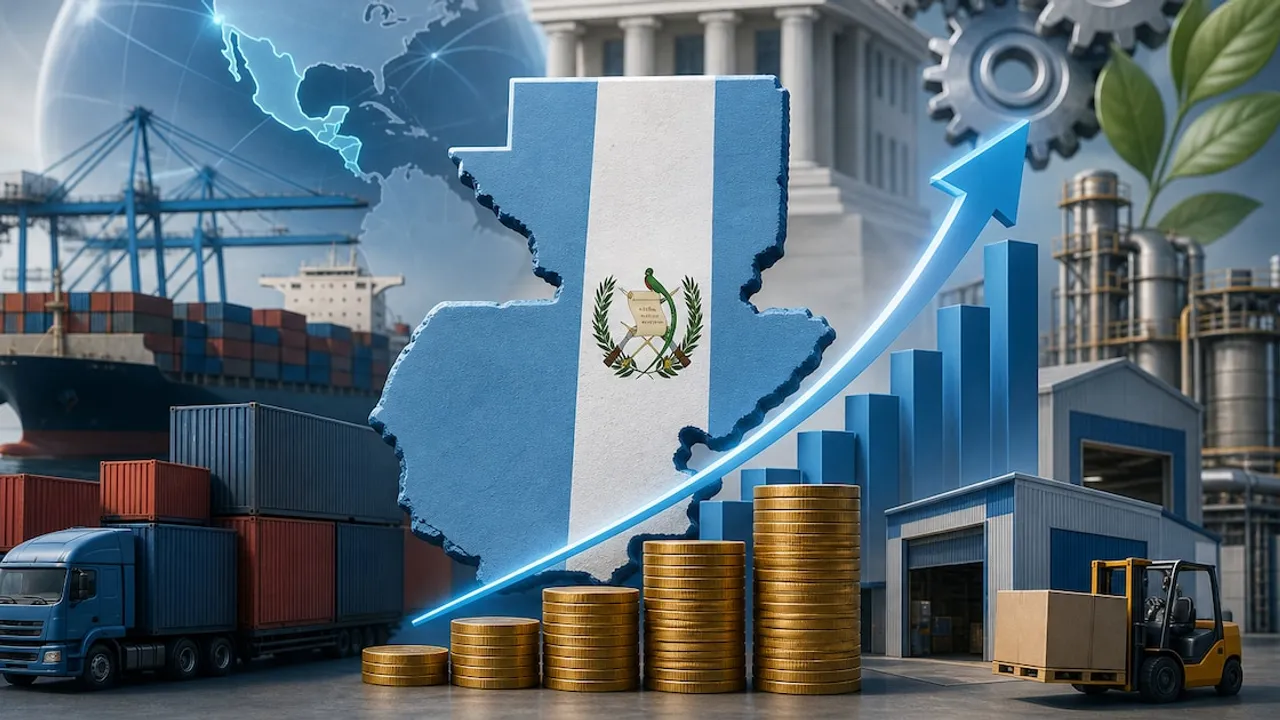 Gráfico del mapa de Guatemala con la bandera, monedas de oro apiladas, flecha ascendente e industria portuaria.