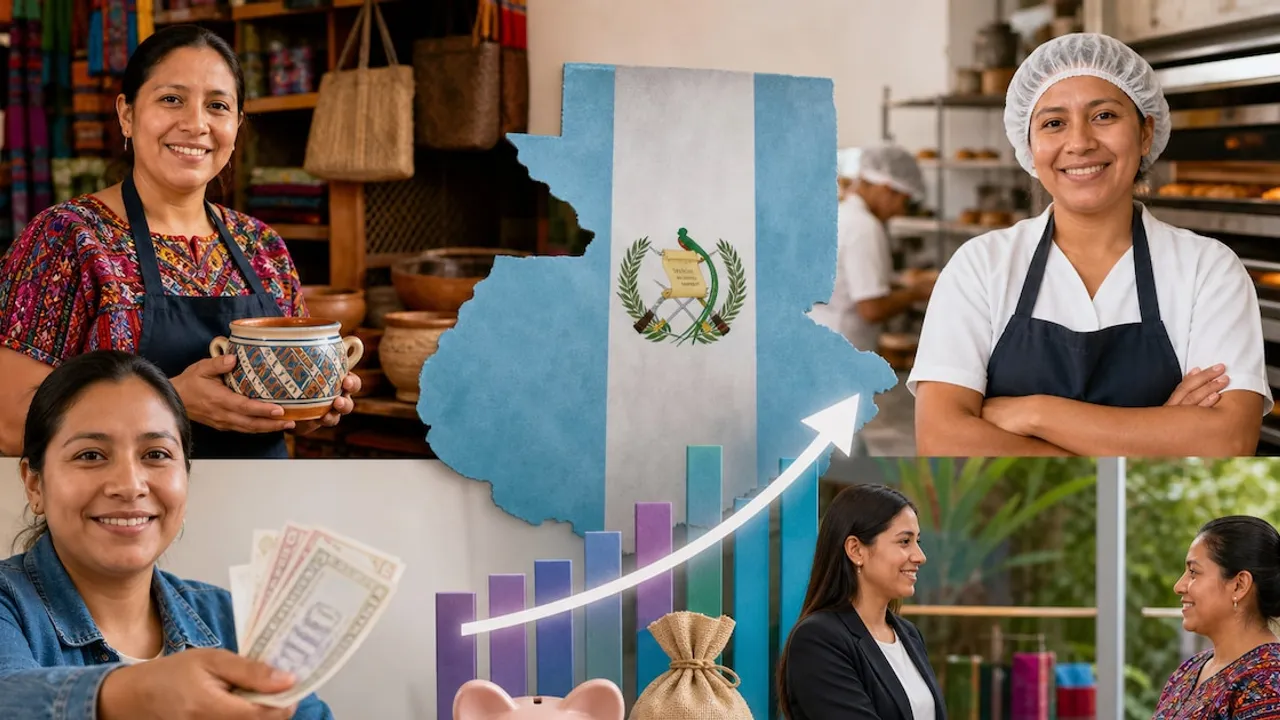Composición con el mapa de Guatemala, mujeres trabajadoras en comercios y gráficos de crecimiento financiero.