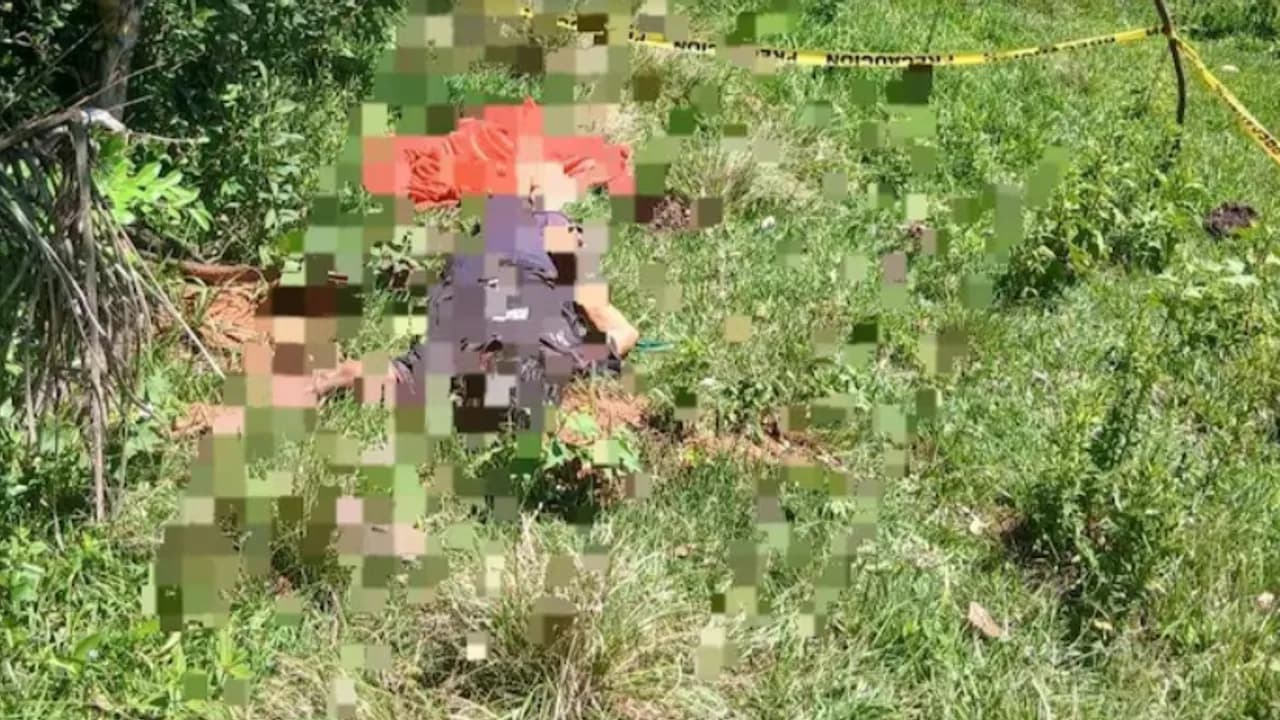 Área de pastizal cercada con cinta policial amarilla junto a un alambrado rural en un terreno descampado.