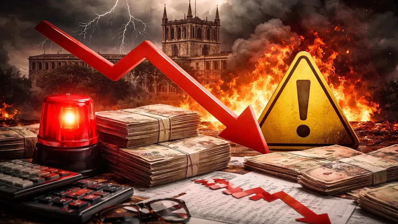 Billetes apilados, calculadora, sirena roja y flecha descendente frente a un edificio envuelto en fuego