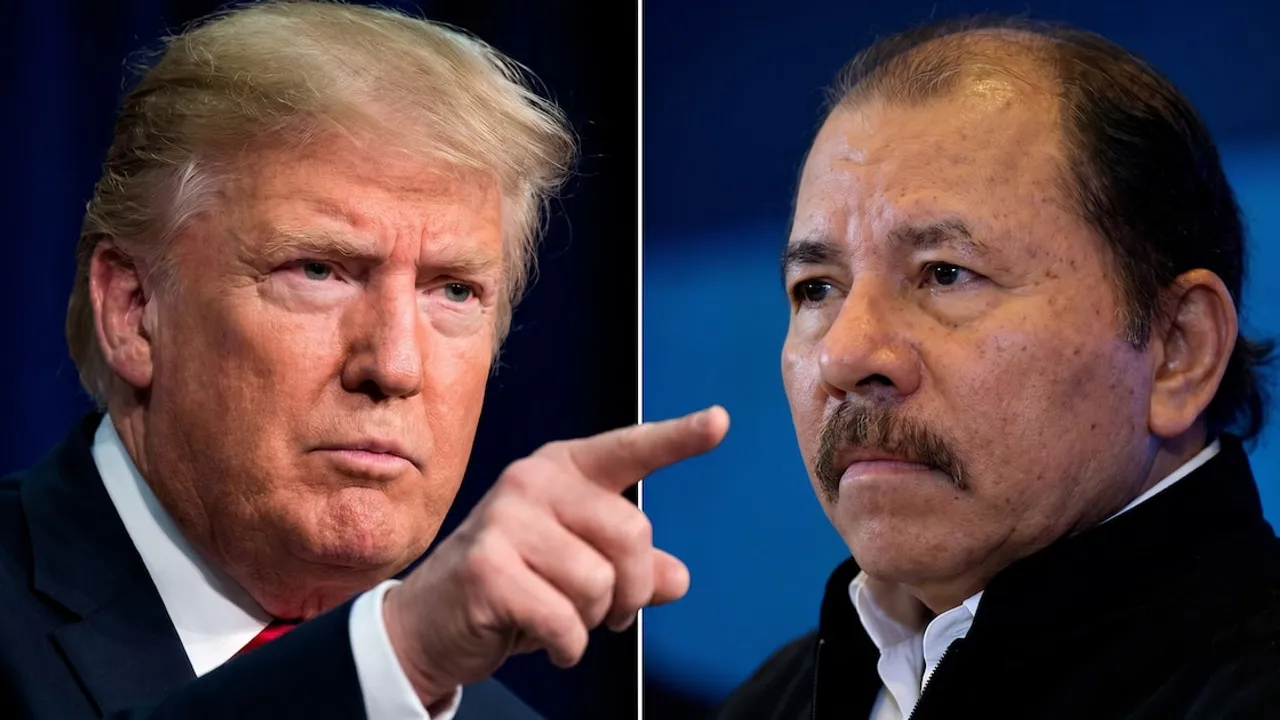 Retratos yuxtapuestos de Donald Trump señalando hacia el frente y Daniel Ortega observando de perfil