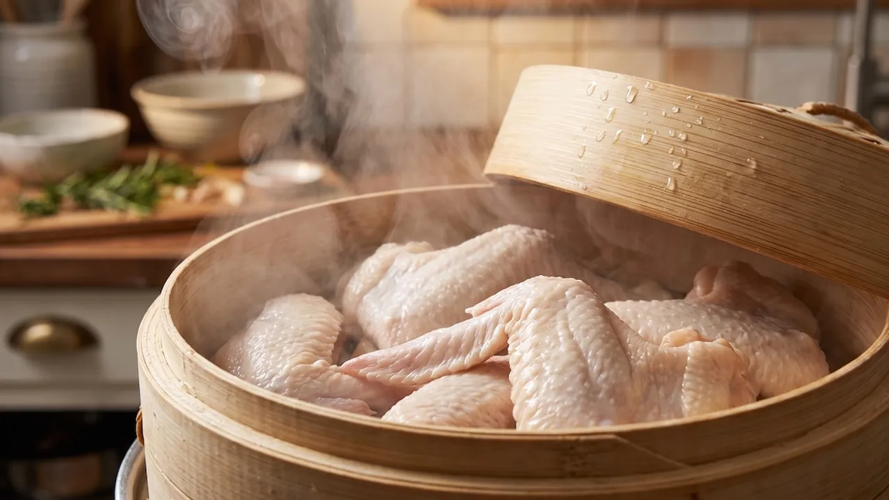 Presas de pollo crudo colocadas dentro de una vaporera de bambú con vapor saliendo de su interior.