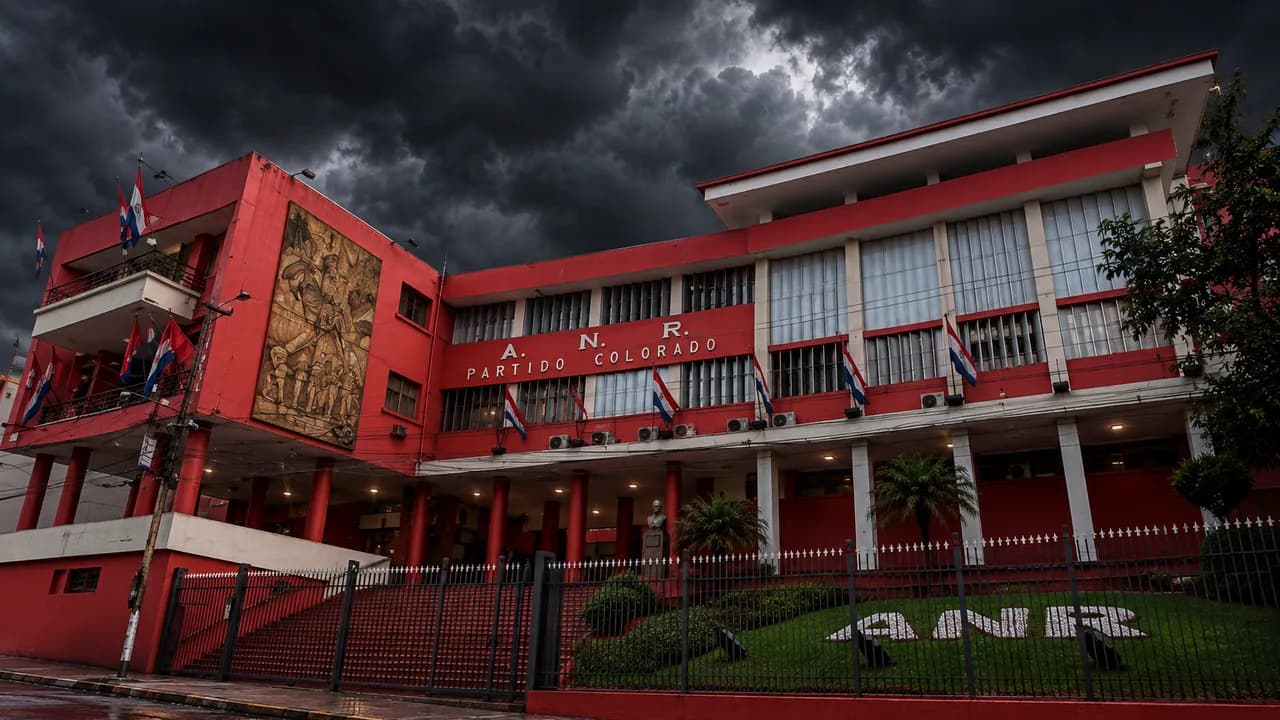Fachada roja del edificio de la ANR con banderas paraguayas y cielo nublado oscuro de fondo en Asunción.