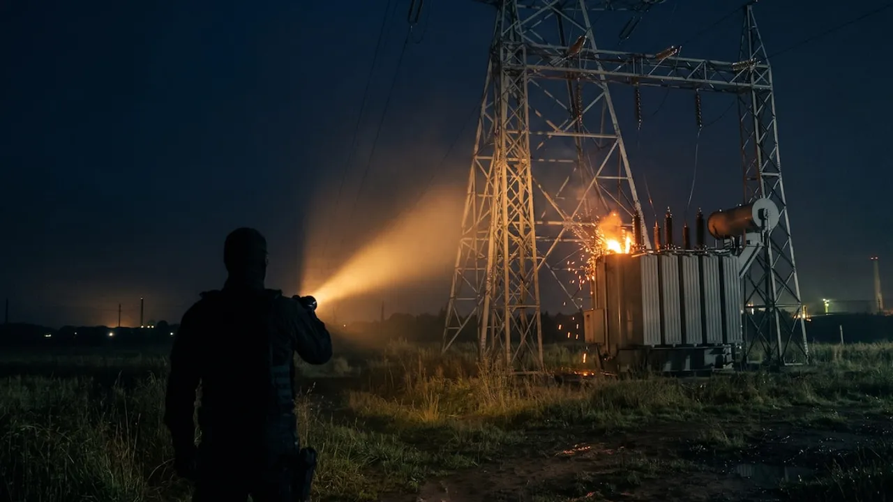 Silueta de un hombre iluminando con linterna un transformador eléctrico averiado junto a una torre en la noche