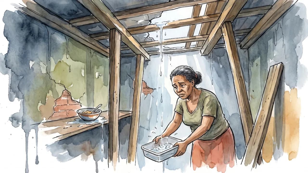 Mujer junta agua en una bandeja bajo una gotera en una habitación precaria con vigas de madera sosteniendo el techo.