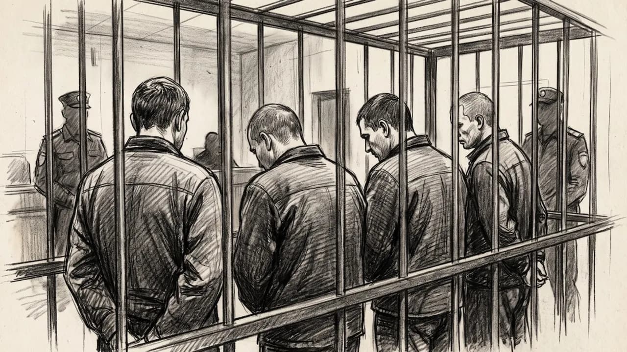 Ilustración de cuatro hombres dentro de una celda en una sala judicial custodiados por guardias.