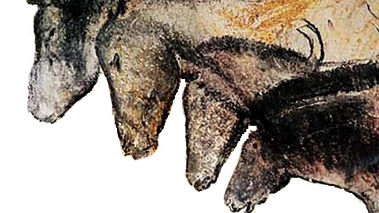 Pintura rupestre prehistórica con siluetas detalladas de cabezas de caballos sobre una pared de roca clara.