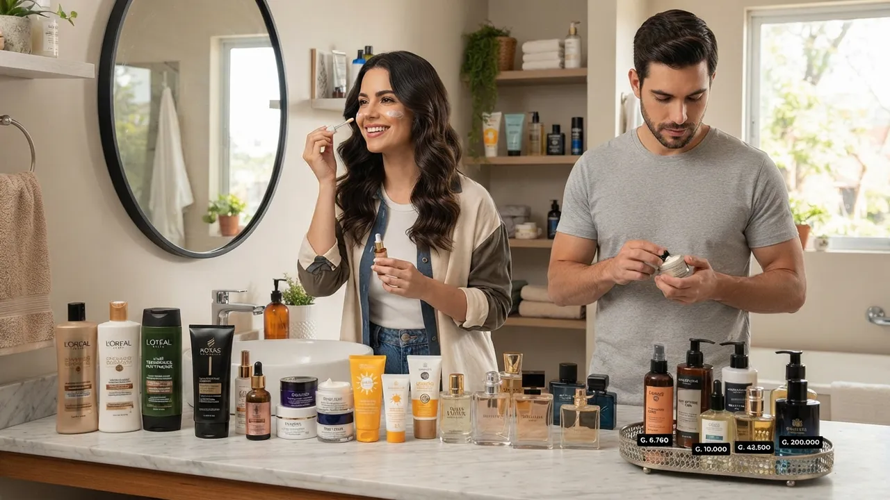 Hombre y mujer frente al espejo del baño con frascos de cremas, champú y perfumes sobre la mesada.