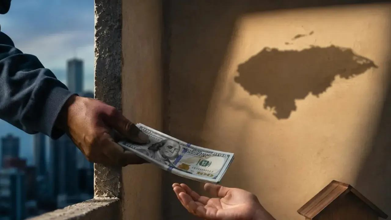 Una mano entrega un fajo de billetes de cien dólares frente a una pared con una sombra de mapa.