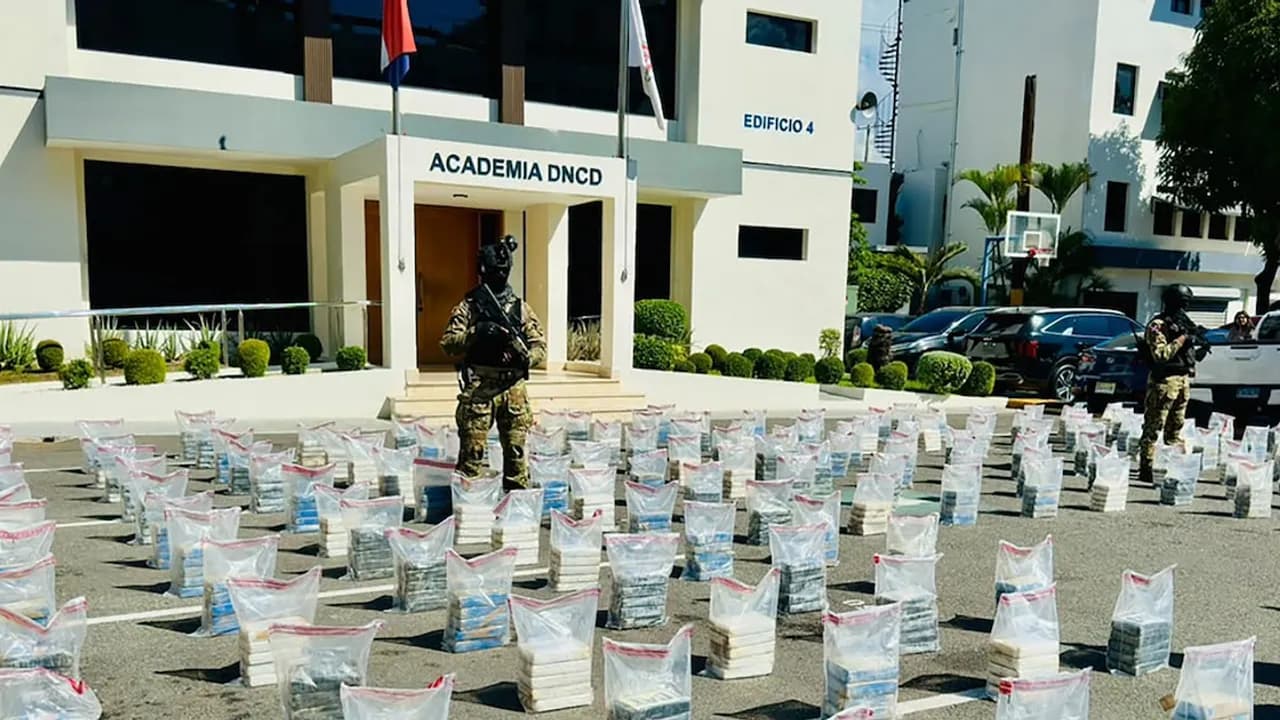 Agentes armados de la DNCD custodian paquetes de droga alineados frente al edificio institucional.