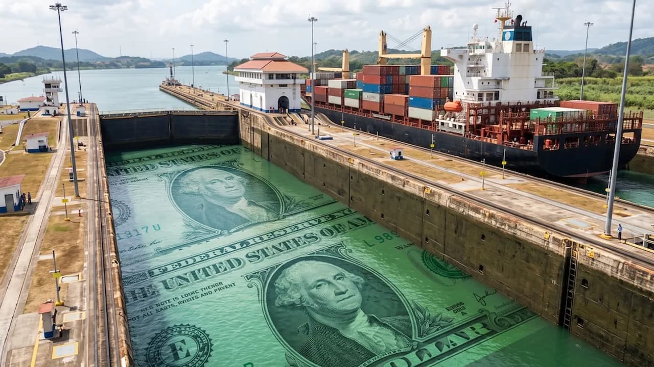 Esclusa del Canal de Panamá con agua ilustrada como un billete de dólar estadounidense junto a un buque carguero.