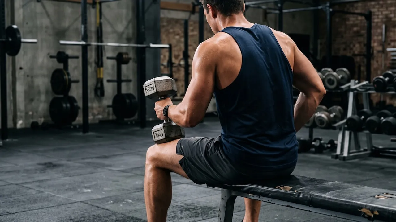 Hombre de espaldas sentado en un banco de gimnasio sosteniendo una mancuerna pesada con el brazo derecho