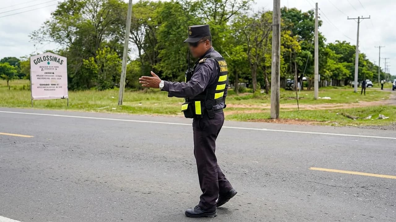 Agente uniformado de la Patrulla Caminera dirigiendo el tránsito vehicular en un cruce de ruta asfaltada.