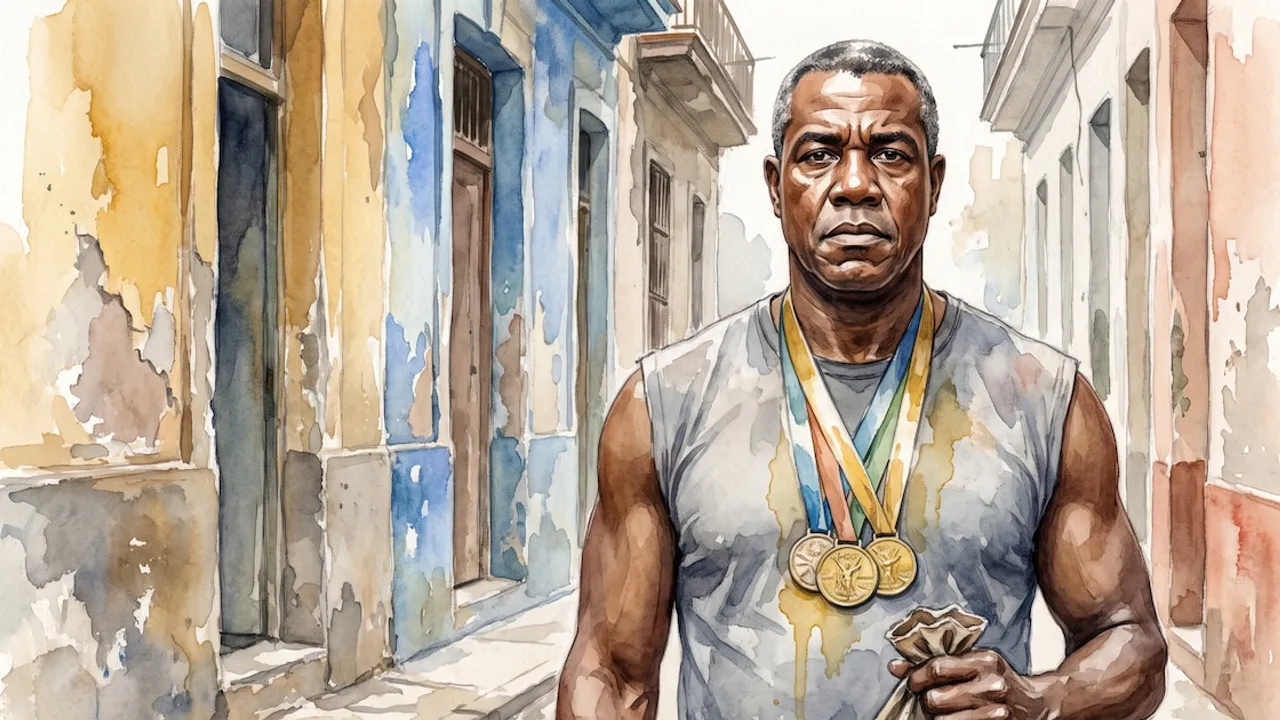 Ilustración en acuarela del tricampeón olímpico Félix Savón con medallas al cuello en una calle deteriorada.