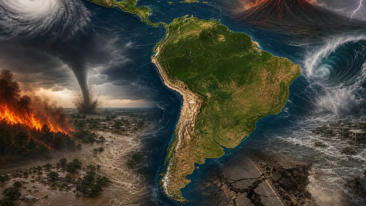 Mapa de América del Sur rodeado de ilustraciones de huracanes, tornados, olas gigantes, incendios e inundaciones.