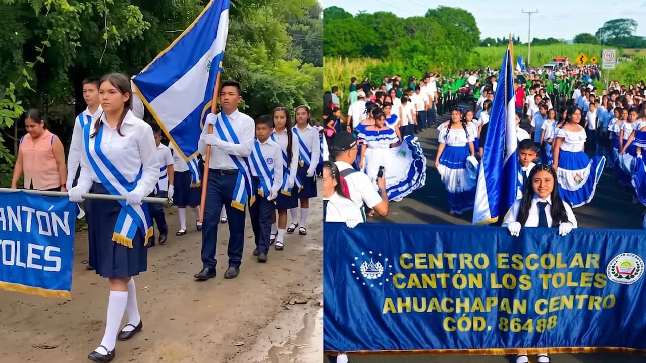 Estudiantes con banderas desfilan en un camino de tierra a la izquierda y sobre pavimento a la derecha