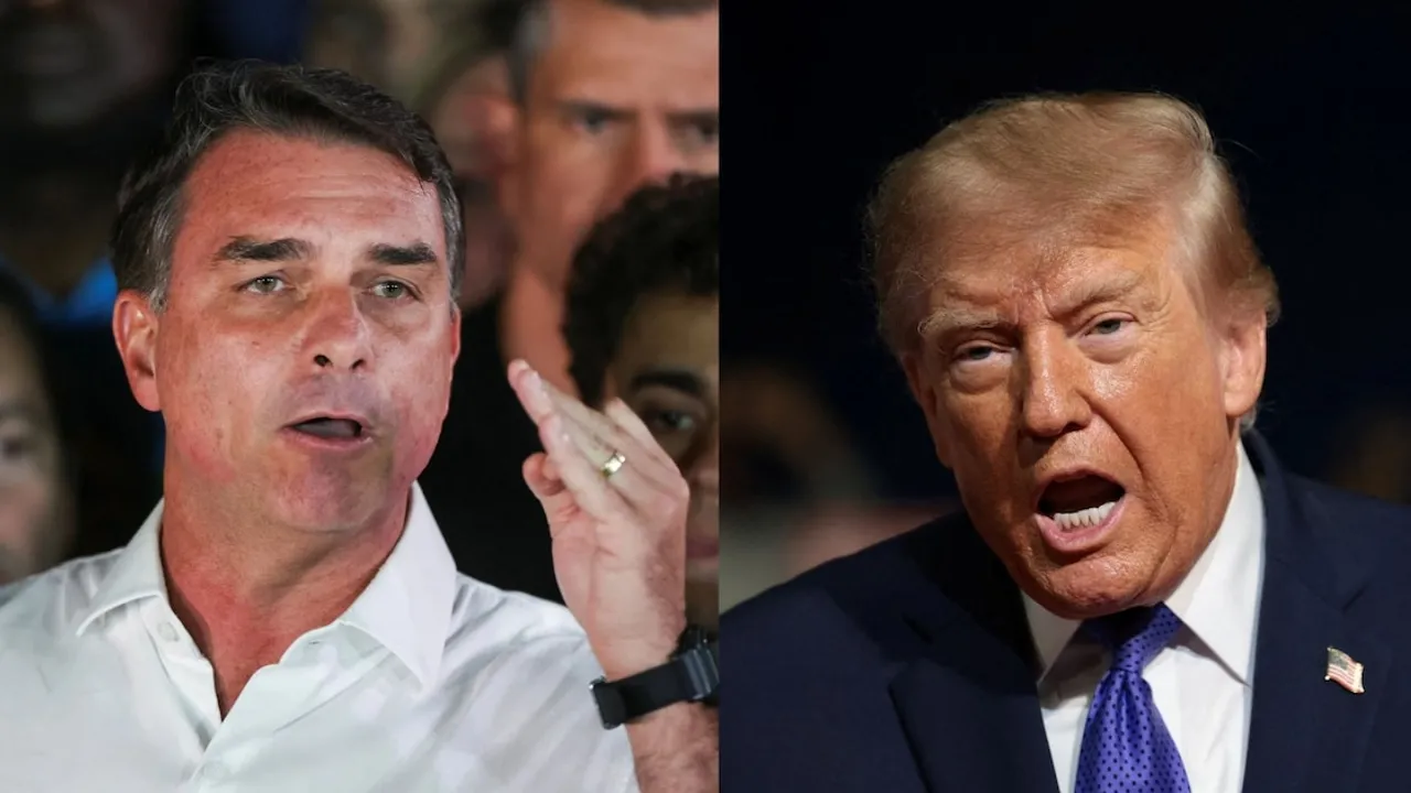 Flávio Bolsonaro habla con la mano en alto junto a Donald Trump en un montaje de dos imágenes enfrentadas.