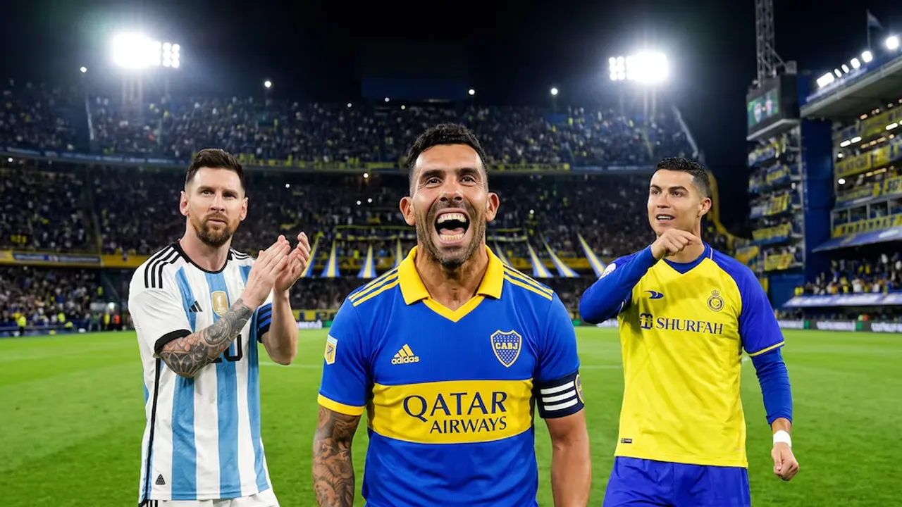 Futbolistas profesionales con camisetas de Argentina, Boca Juniors y Al-Nassr sobre el campo de juego de noche.