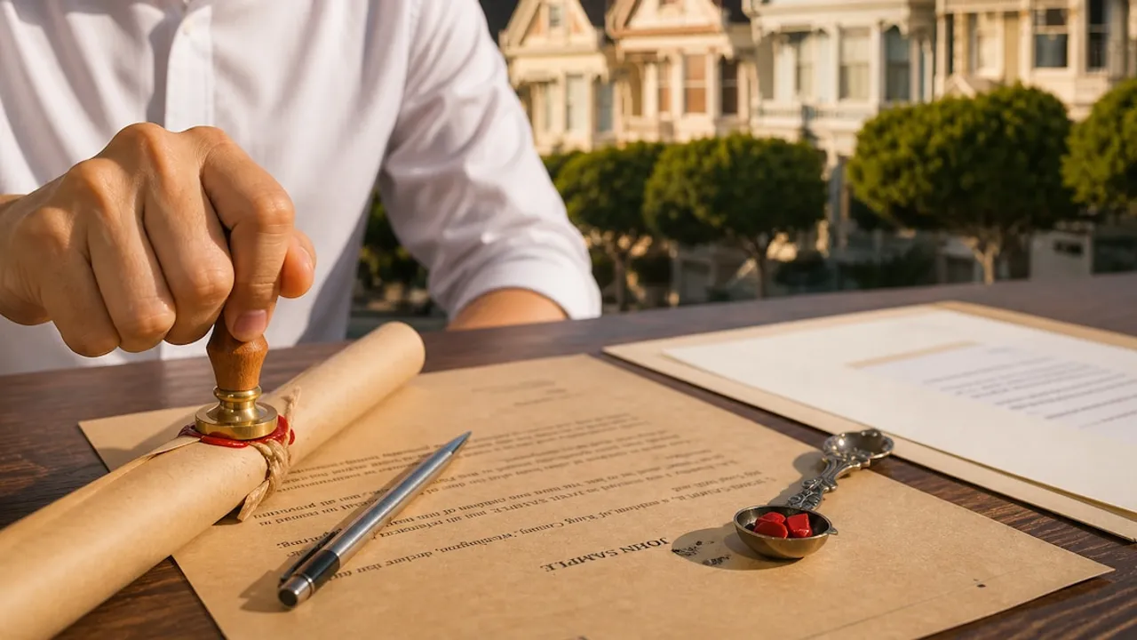 Mano sosteniendo un sello metálico sobre lacre rojo en un documento enrollado sobre un escritorio de madera.