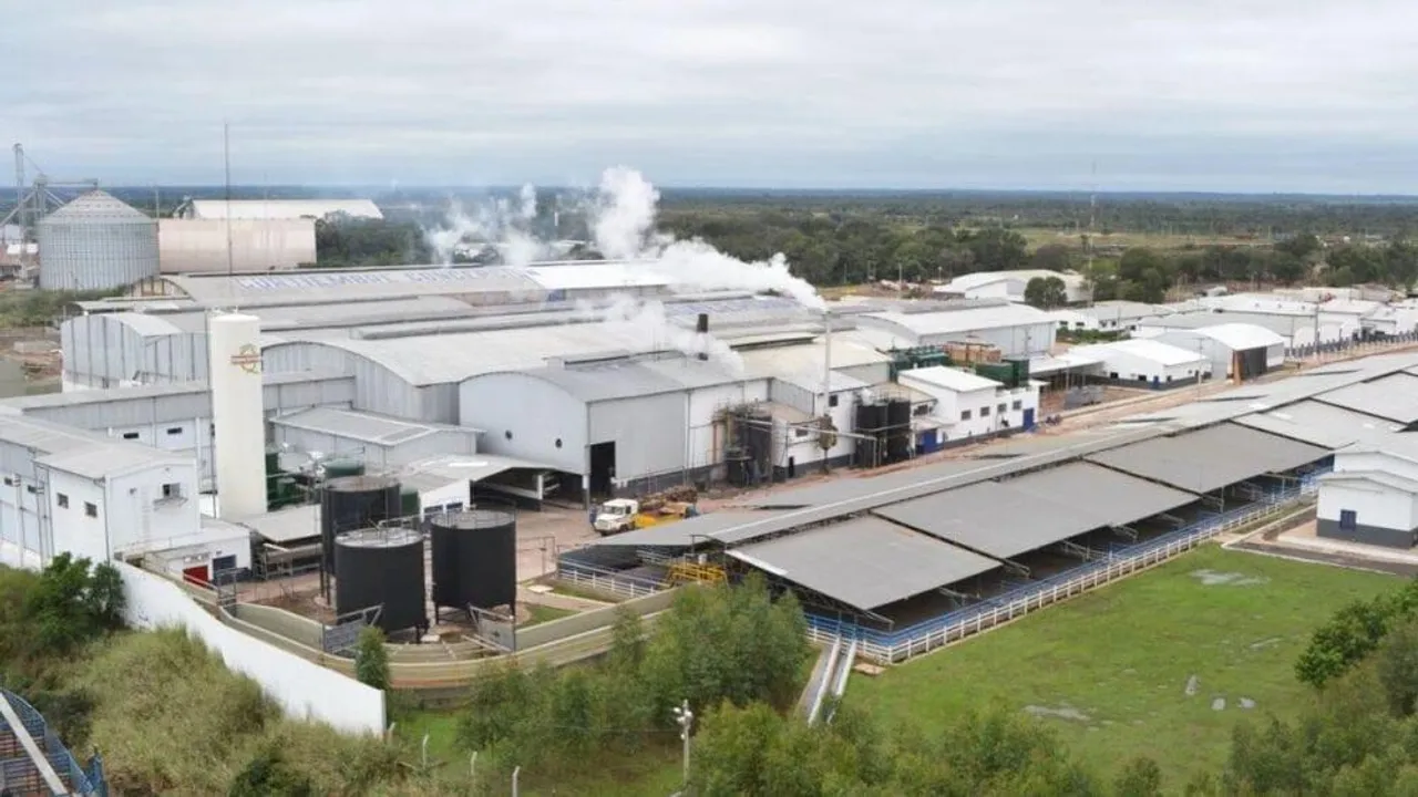 Vista aérea de las instalaciones industriales de una planta frigorífica con galpones y chimeneas humeantes.