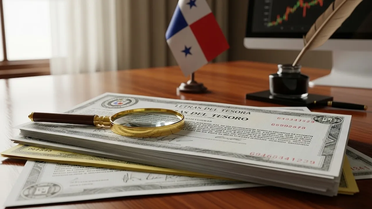 Lupa sobre documentos de letras del tesoro junto a una bandera de Panamá y un monitor bursátil.