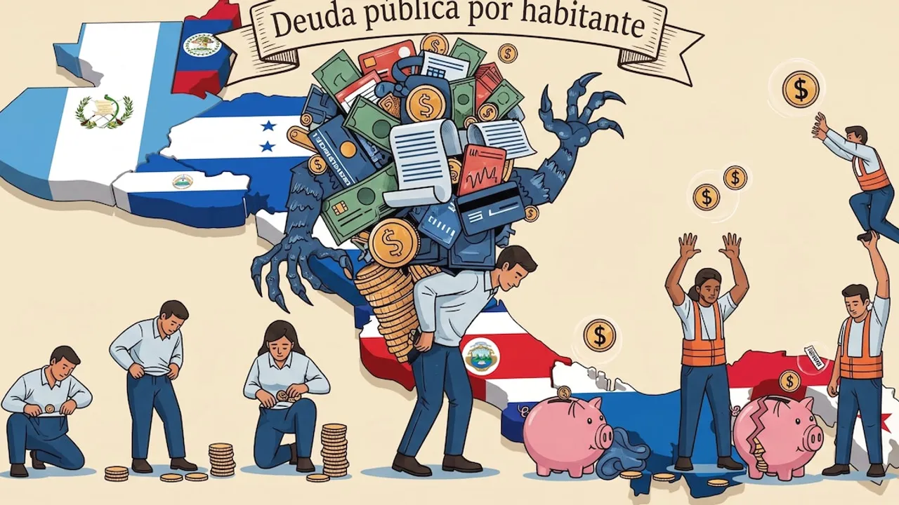 Ilustración conceptual de un mapa de Centroamérica con personas cargando bultos de billetes y alcancías.