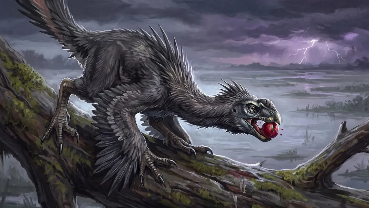 Dinosaurio con plumas grises y pico curvado sosteniendo un fruto rojo carnoso sobre la rama de un árbol caído