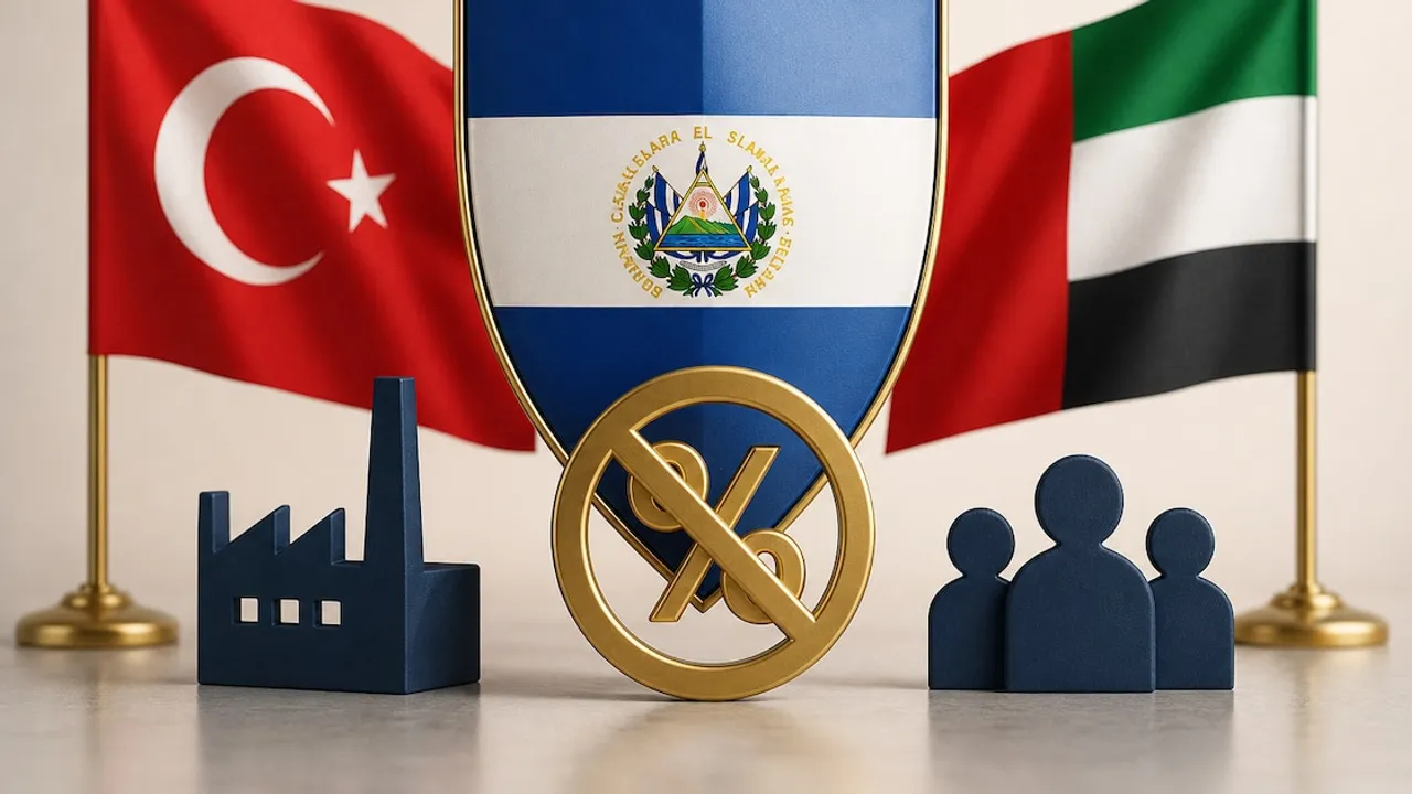 Símbolo de porcentaje tachado entre banderas de Turquía, El Salvador y Emiratos Árabes Unidos con figuras en relieve.