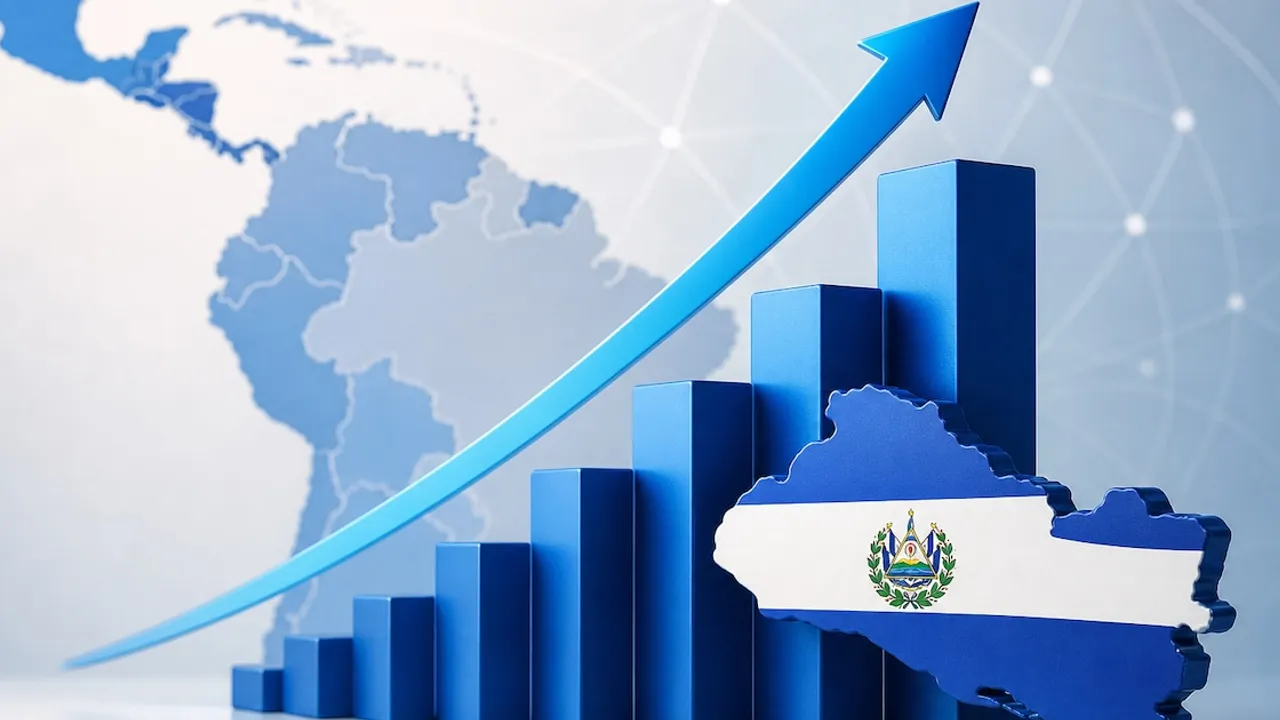 Gráfico de barras ascendente en color azul con una flecha creciente y la silueta del mapa con la bandera salvadoreña.